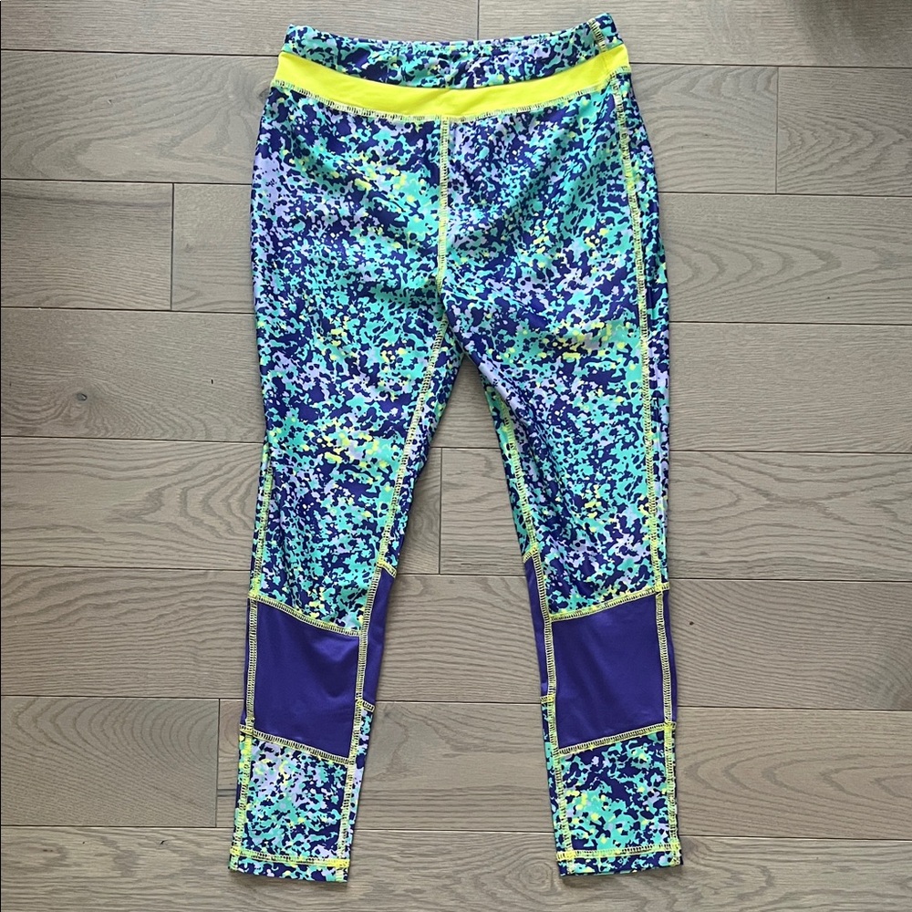 kidpik Blue and Green Patterned Leggings with Yellow Trim
